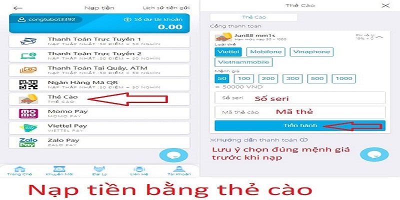 Hướng dẫn nạp tiền HI88 qua phương thức thẻ cào